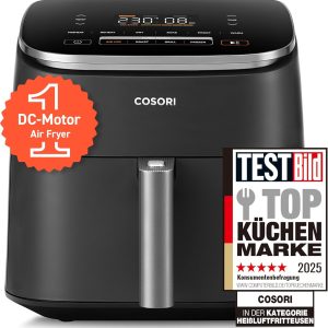 Cosori Turboblaze Airfryer Heißluftfritteuse. 9-in-1 Air Fryer XXL 6L. leiser DC Motor mit 5 Geschwindigkeitsstufen. Grillen. Backen. Gären. Dehydrieren. Tiefkühlen. 87 Rezepte. 64% energiesparend